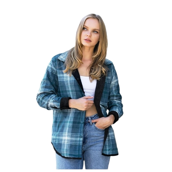 Love Tree Women's L Reversible Wide Wale Corduroy and Flannel Shacket Pockets - Picture 6 of 16